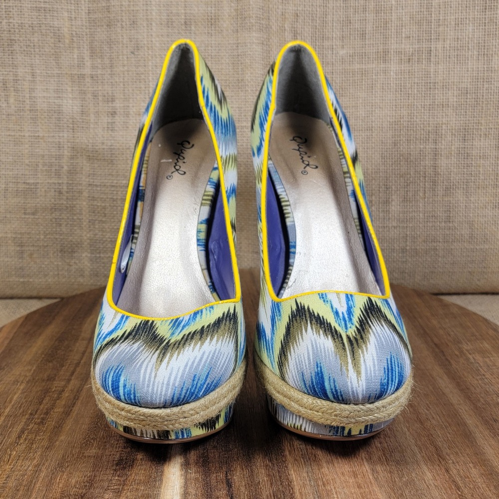 Qupid Platform Heels Blue Yellow White Print Espadrille Pumps Women's‎ Size 9 - Picture 2 of 12